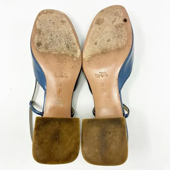 Coach Patent Leather Metallic Blue Studded Block Heel Sling Back Mules 8 - Picture 7 of 7